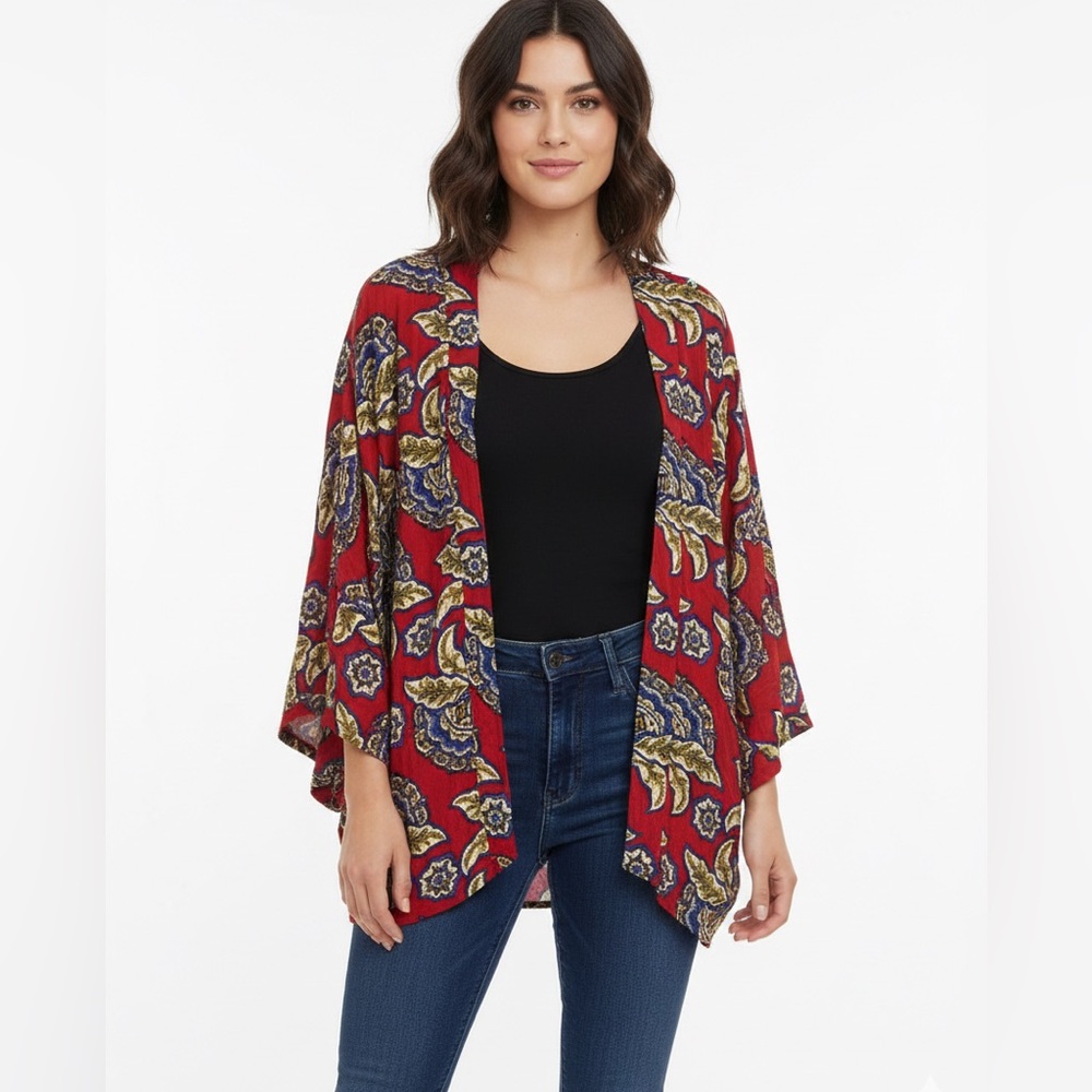 Maurices NWOT Red and Blue Floral Kimono Open Flowy Boho Vibrant